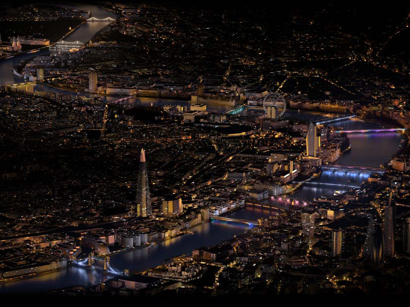 Aerial view of the 15 Illuminated River bridges, from Tower Bridge to Albert Bridge